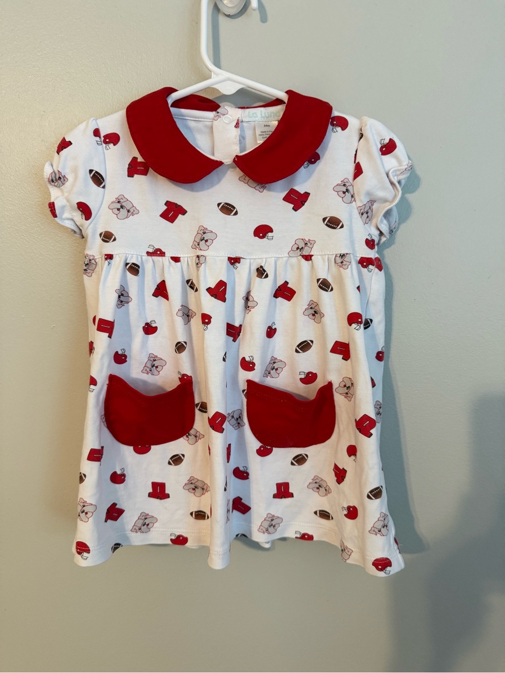 Girls' White Dress with Red Collar & Pocket Accents